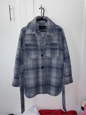 Tahari Blue Gray Plaid Teddy Jacket